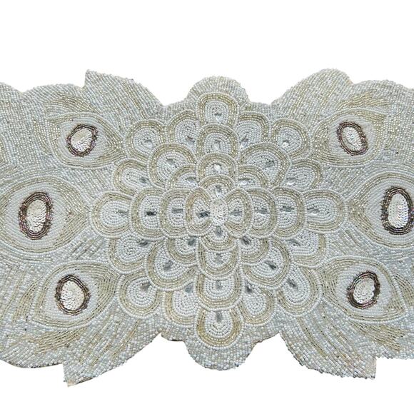 Pier 1 Hand Beaded Table Runner White Silver peacock pattern 13X36 In - Picture 3 of 15